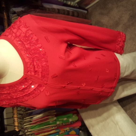ANN TRINITY ♡ Gorgeous Red Ribbon Sequin Embellished Bling Button Front Blouse M - Picture 13 of 16